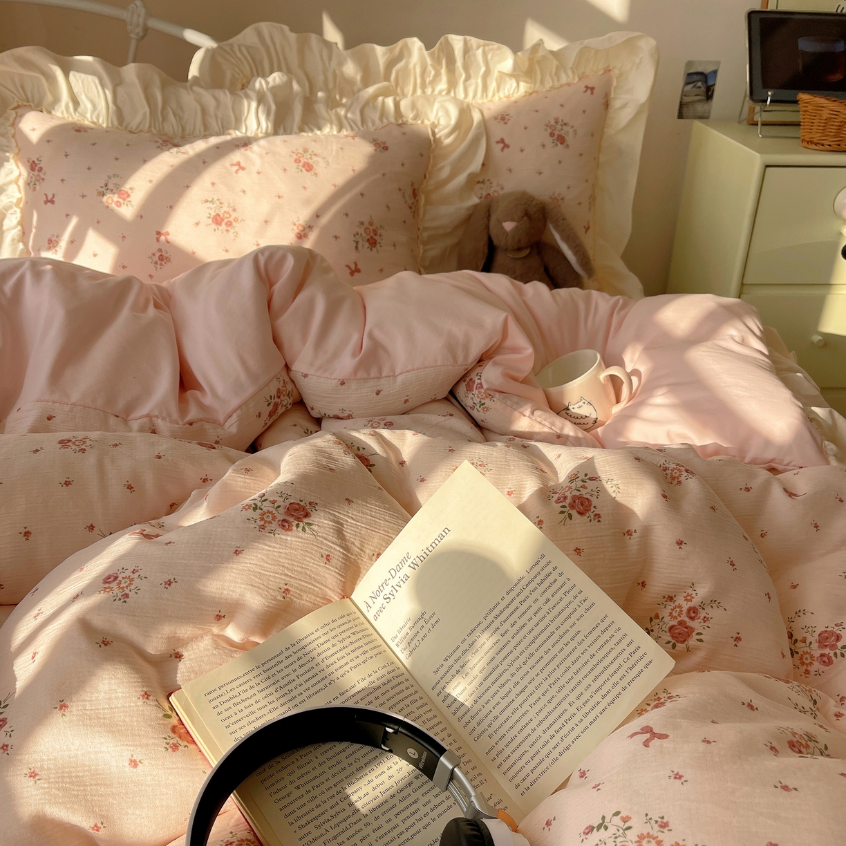 91家纺网 家纺一手货源 找家纺 轻奢坊 2026新款皱皱纱韩系碎花法式花边四件套 花漾粉风