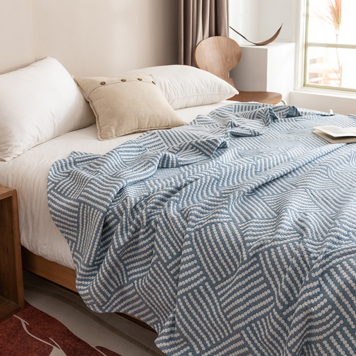 91家纺网 家纺一手货源 找家纺 朴尔家纺-毛巾被 2026春夏新款塞尚风格全棉纯棉水洗棉三层纱布毛巾被夏凉被空调被-经典款常年备货 慕斯-蓝