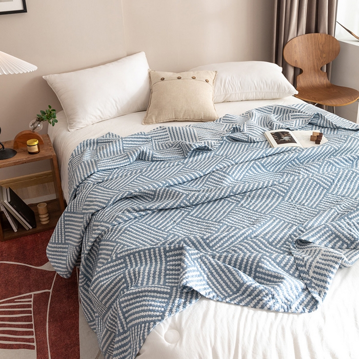 91家纺网 家纺一手货源 找家纺 朴尔家纺-毛巾被 2026春夏新款塞尚风格全棉纯棉水洗棉三层纱布毛巾被夏凉被空调被-经典款常年备货 慕斯-蓝