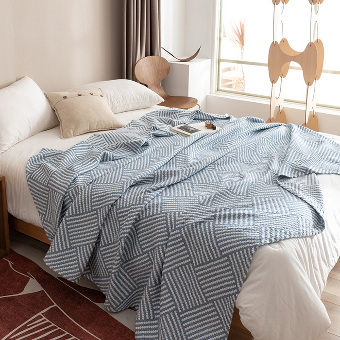 91家纺网 家纺一手货源 找家纺 朴尔家纺-毛巾被 2026春夏新款塞尚风格全棉纯棉水洗棉三层纱布毛巾被夏凉被空调被-经典款常年备货 慕斯-蓝