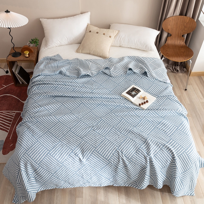 91家纺网 家纺一手货源 找家纺 朴尔家纺-毛巾被 2026春夏新款塞尚风格全棉纯棉水洗棉三层纱布毛巾被夏凉被空调被-经典款常年备货 慕斯-蓝