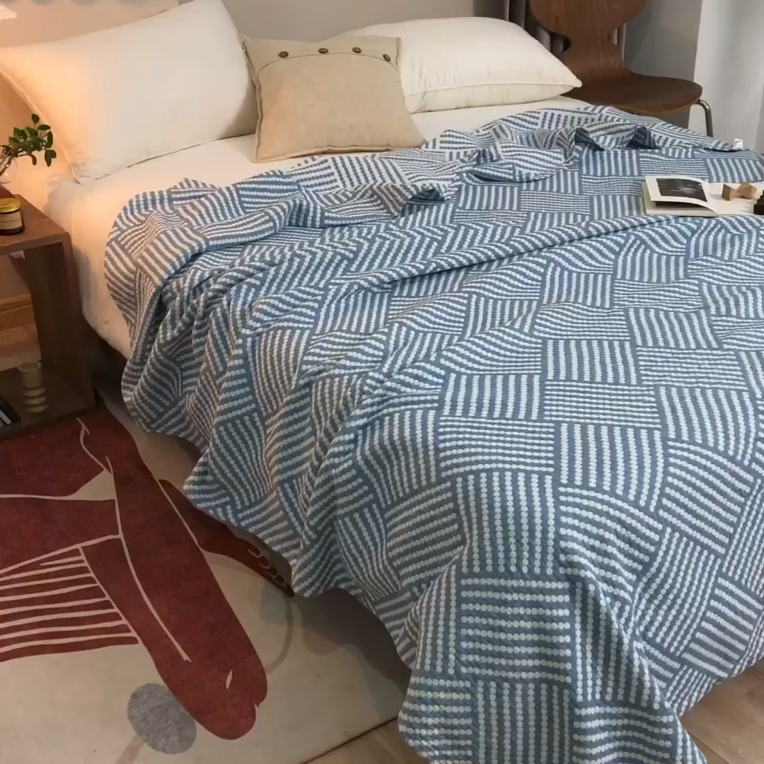 91家纺网 家纺一手货源 找家纺 朴尔家纺-毛巾被 2026春夏新款塞尚风格全棉纯棉水洗棉三层纱布毛巾被夏凉被空调被-经典款常年备货 慕斯-蓝