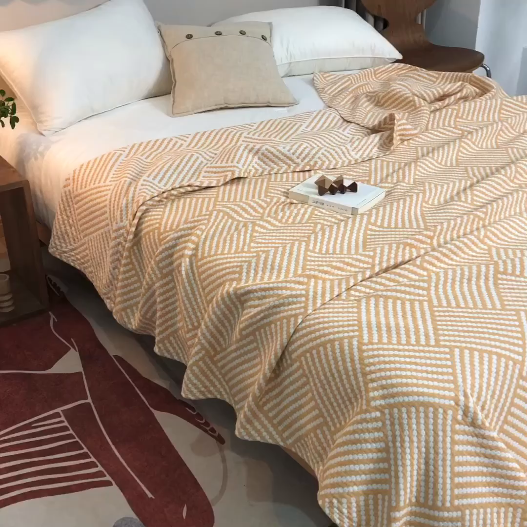 91家纺网 家纺一手货源 找家纺 朴尔家纺-毛巾被 2026春夏新款塞尚风格全棉纯棉水洗棉三层纱布毛巾被夏凉被空调被-经典款常年备货 慕斯-黄