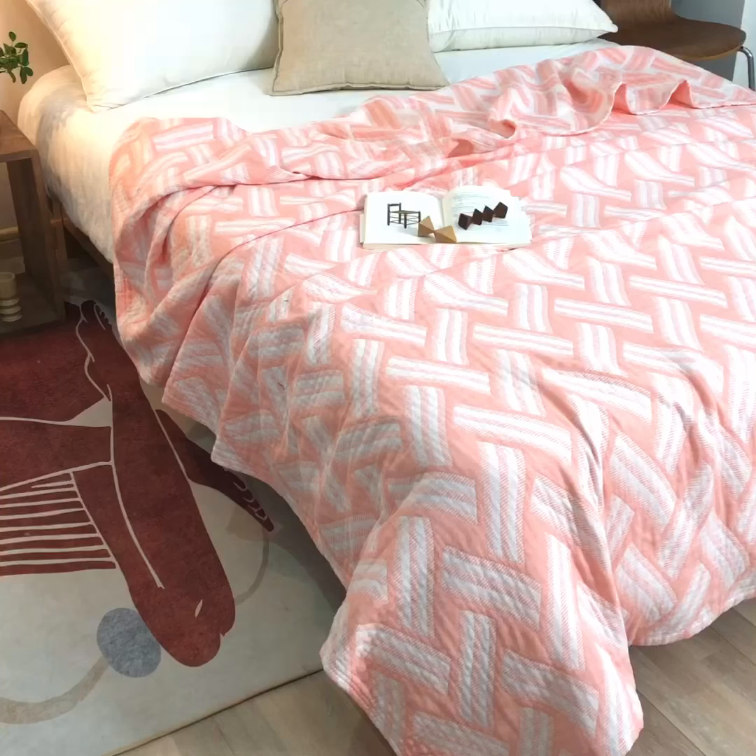 91家纺网 家纺一手货源 找家纺 朴尔家纺-毛巾被 2026春夏新款塞尚风格全棉纯棉水洗棉三层纱布毛巾被夏凉被空调被-经典款常年备货 格里尼-粉