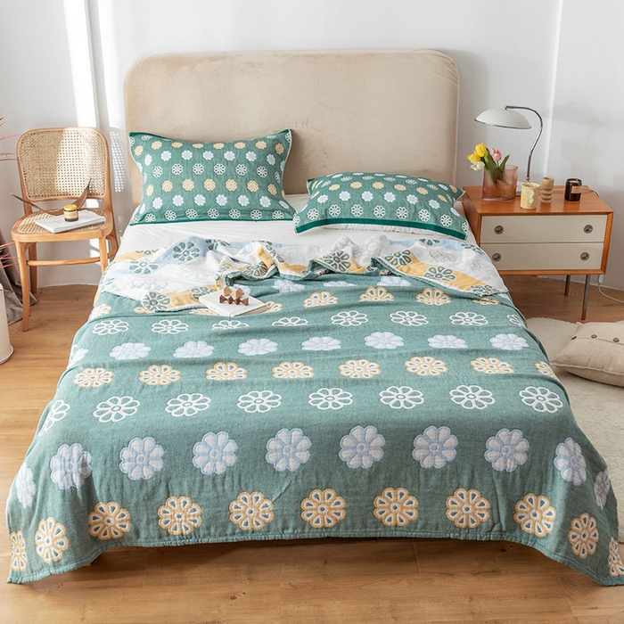 91家纺网 家纺一手货源 找家纺 朴尔家纺-毛巾被 2026春夏新款四层韩版碎花风全棉纯棉纱布毛巾被夏被夏凉被空调被-经典款常年备货 曼陀罗-绿