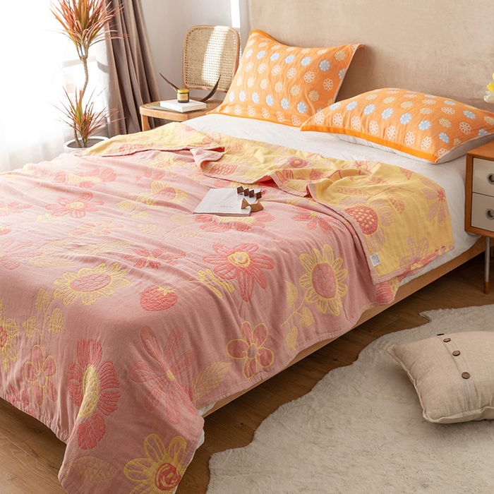 91家纺网 家纺一手货源 找家纺 朴尔家纺-毛巾被 2026春夏新款四层韩版碎花风全棉纯棉纱布毛巾被夏被夏凉被空调被-经典款常年备货 向日花开-粉