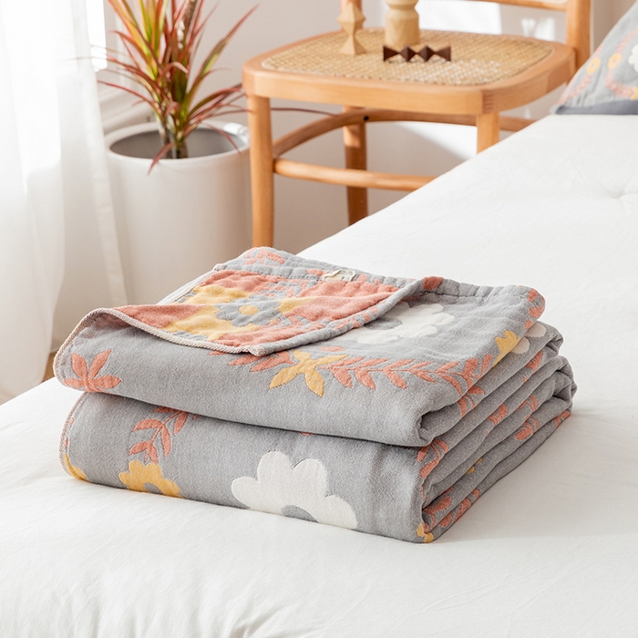 91家纺网 家纺一手货源 找家纺 朴尔家纺-毛巾被 2026春夏新款四层韩版碎花风全棉纯棉纱布毛巾被夏被夏凉被空调被-经典款常年备货 花环-灰