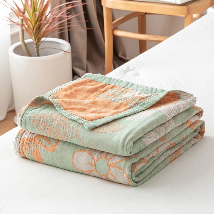 91家纺网 家纺一手货源 找家纺 朴尔家纺-毛巾被 2026春夏新款四层韩版碎花风全棉纯棉纱布毛巾被夏被夏凉被空调被-经典款常年备货 向日花开-绿