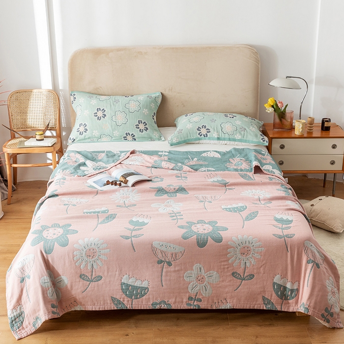 朴尔家纺-毛巾被 2026春夏新款四层韩版碎花风全棉纯棉纱布毛巾被夏被夏凉被空调被-经典款常年备货 清新夏日-粉