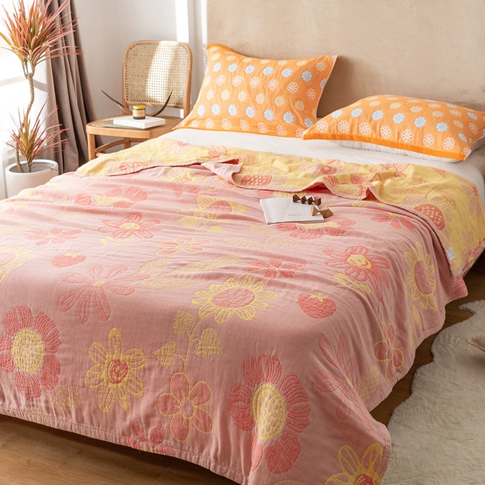 91家纺网 家纺一手货源 找家纺 朴尔家纺-毛巾被 2026春夏新款四层韩版碎花风全棉纯棉纱布毛巾被夏被夏凉被空调被-经典款常年备货 向日花开-粉