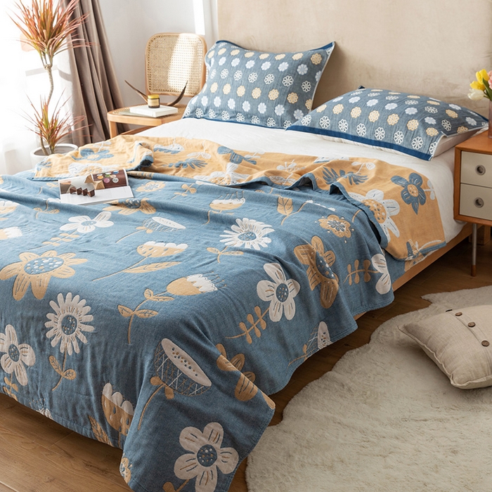 91家纺网 家纺一手货源 找家纺 朴尔家纺-毛巾被 2026春夏新款四层韩版碎花风全棉纯棉纱布毛巾被夏被夏凉被空调被-经典款常年备货 清新夏日-蓝