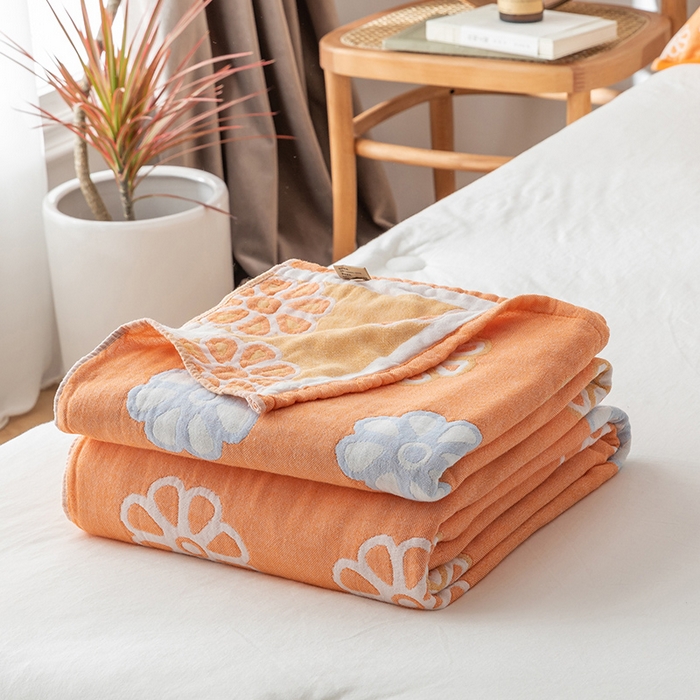 91家纺网 家纺一手货源 找家纺 朴尔家纺-毛巾被 2026春夏新款四层韩版碎花风全棉纯棉纱布毛巾被夏被夏凉被空调被-经典款常年备货 曼陀罗-橘