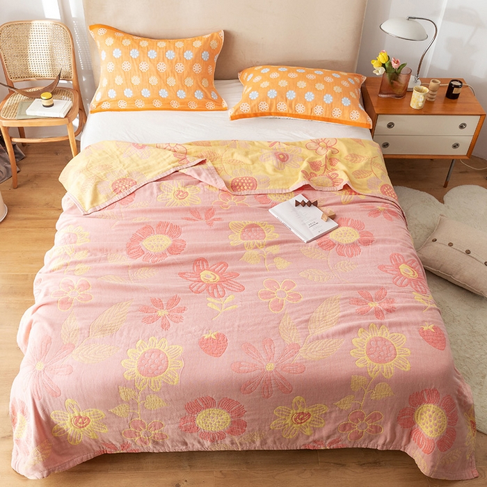 91家纺网 家纺一手货源 找家纺 朴尔家纺-毛巾被 2026春夏新款四层韩版碎花风全棉纯棉纱布毛巾被夏被夏凉被空调被-经典款常年备货 向日花开-粉