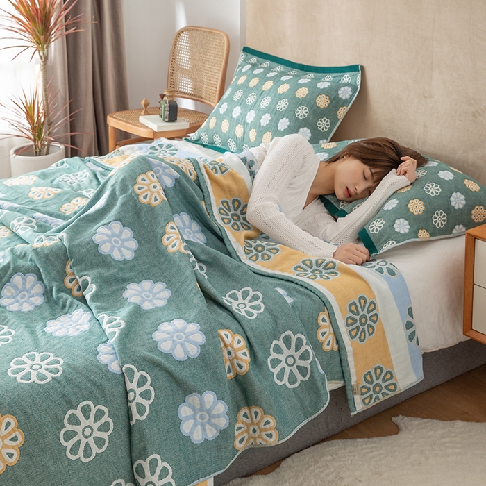 91家纺网 家纺一手货源 找家纺 朴尔家纺-毛巾被 2026春夏新款四层韩版碎花风全棉纯棉纱布毛巾被夏被夏凉被空调被-经典款常年备货 曼陀罗-绿