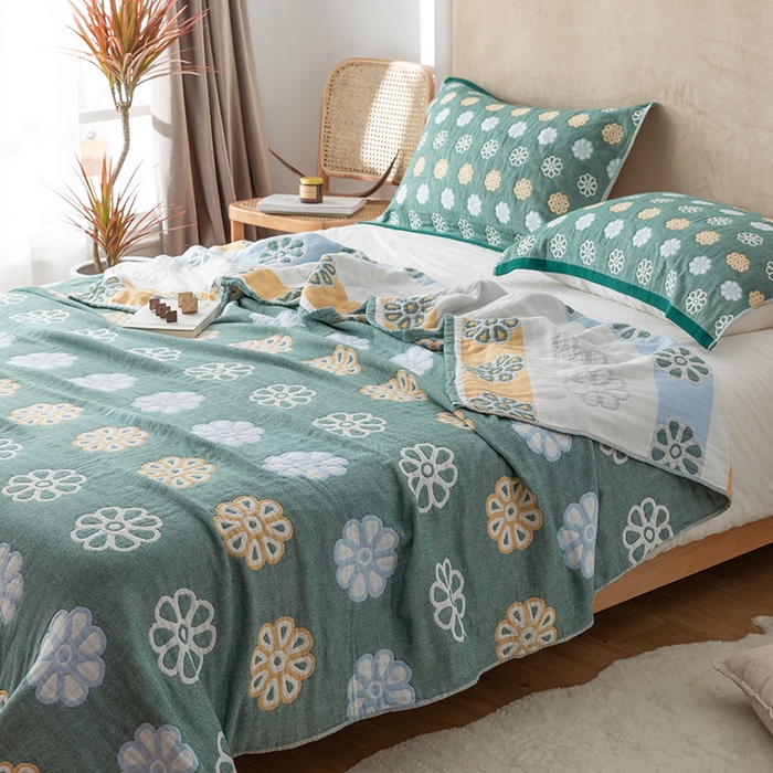 91家纺网 家纺一手货源 找家纺 朴尔家纺-毛巾被 2026春夏新款四层韩版碎花风全棉纯棉纱布毛巾被夏被夏凉被空调被-经典款常年备货 曼陀罗-绿