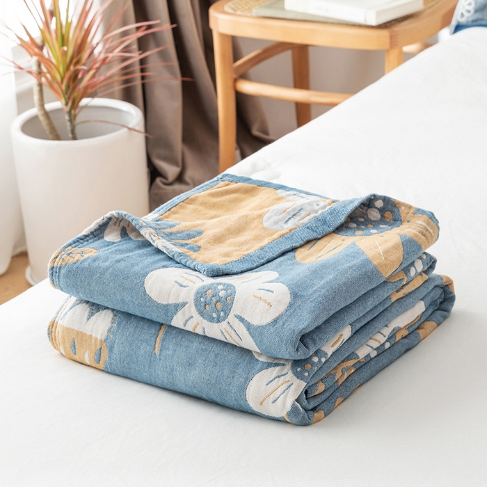 91家纺网 家纺一手货源 找家纺 朴尔家纺-毛巾被 2026春夏新款四层韩版碎花风全棉纯棉纱布毛巾被夏被夏凉被空调被-经典款常年备货 清新夏日-蓝