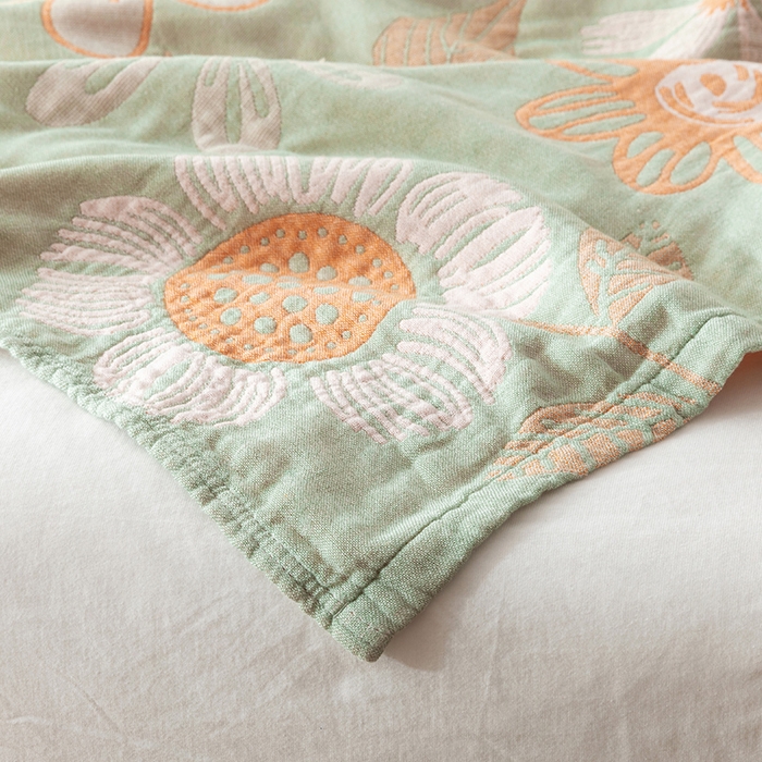 91家纺网 家纺一手货源 找家纺 朴尔家纺-毛巾被 2026春夏新款四层韩版碎花风全棉纯棉纱布毛巾被夏被夏凉被空调被-经典款常年备货 向日花开-绿