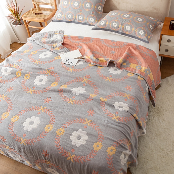 91家纺网 家纺一手货源 找家纺 朴尔家纺-毛巾被 2026春夏新款四层韩版碎花风全棉纯棉纱布毛巾被夏被夏凉被空调被-经典款常年备货 花环-灰