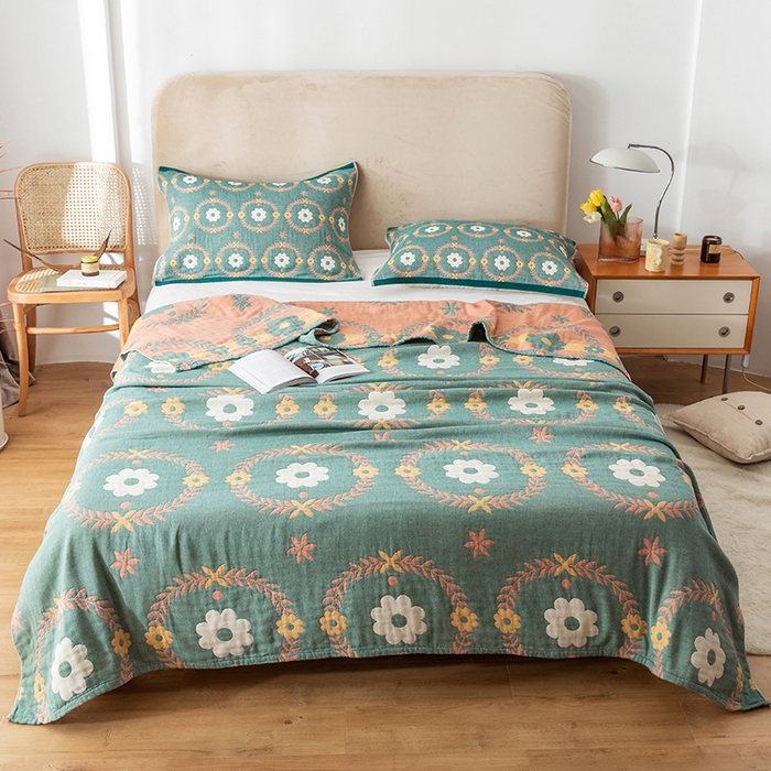 朴尔家纺-毛巾被 2026春夏新款四层韩版碎花风全棉纯棉纱布毛巾被夏被夏凉被空调被-经典款常年备货 花环-绿