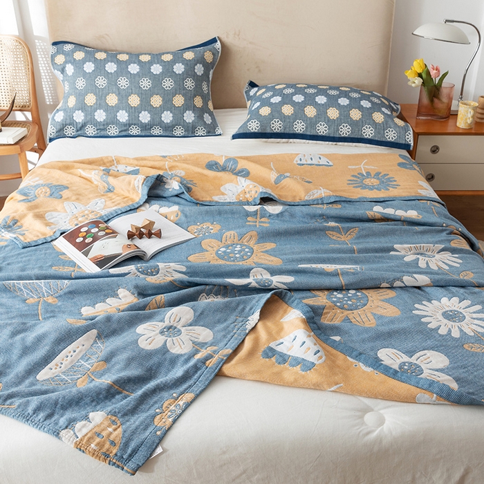 91家纺网 家纺一手货源 找家纺 朴尔家纺-毛巾被 2026春夏新款四层韩版碎花风全棉纯棉纱布毛巾被夏被夏凉被空调被-经典款常年备货 清新夏日-蓝