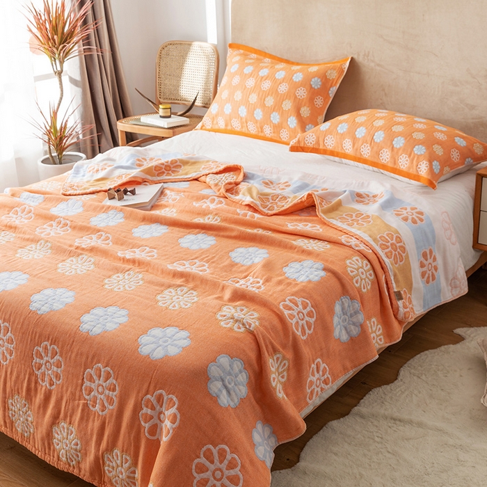 91家纺网 家纺一手货源 找家纺 朴尔家纺-毛巾被 2026春夏新款四层韩版碎花风全棉纯棉纱布毛巾被夏被夏凉被空调被-经典款常年备货 曼陀罗-橘