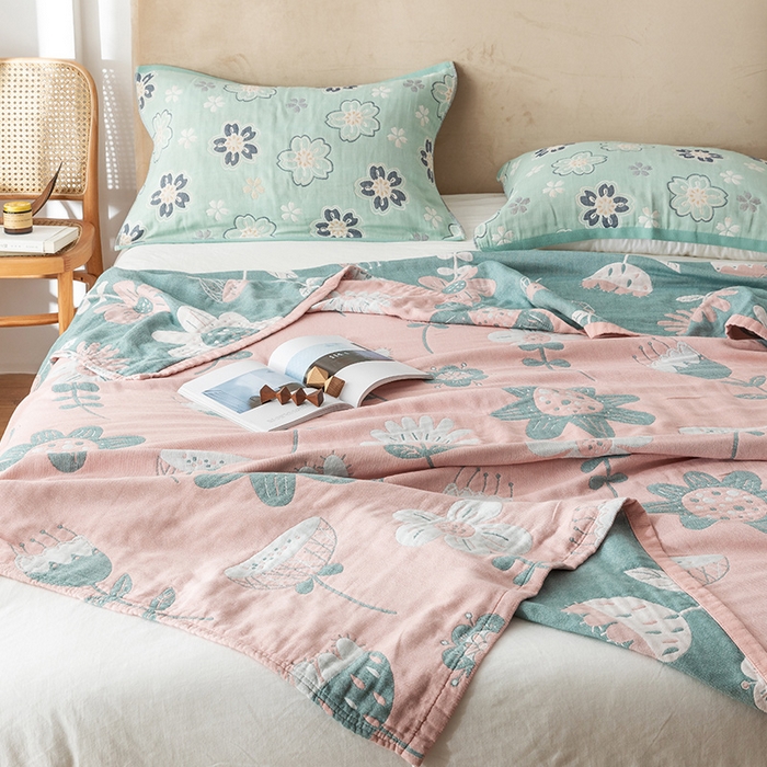 91家纺网 家纺一手货源 找家纺 朴尔家纺-毛巾被 2026春夏新款四层韩版碎花风全棉纯棉纱布毛巾被夏被夏凉被空调被-经典款常年备货 清新夏日-粉