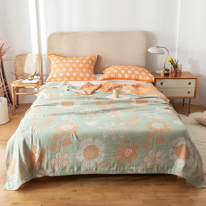 朴尔家纺-毛巾被 2026春夏新款四层韩版碎花风全棉纯棉纱布毛巾被夏被夏凉被空调被-经典款常年备货 向日花开-绿