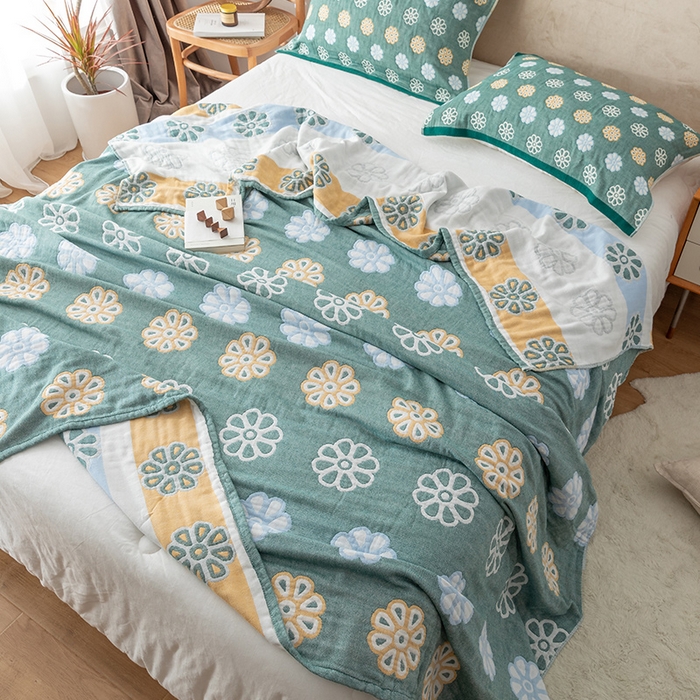 91家纺网 家纺一手货源 找家纺 朴尔家纺-毛巾被 2026春夏新款四层韩版碎花风全棉纯棉纱布毛巾被夏被夏凉被空调被-经典款常年备货 曼陀罗-绿