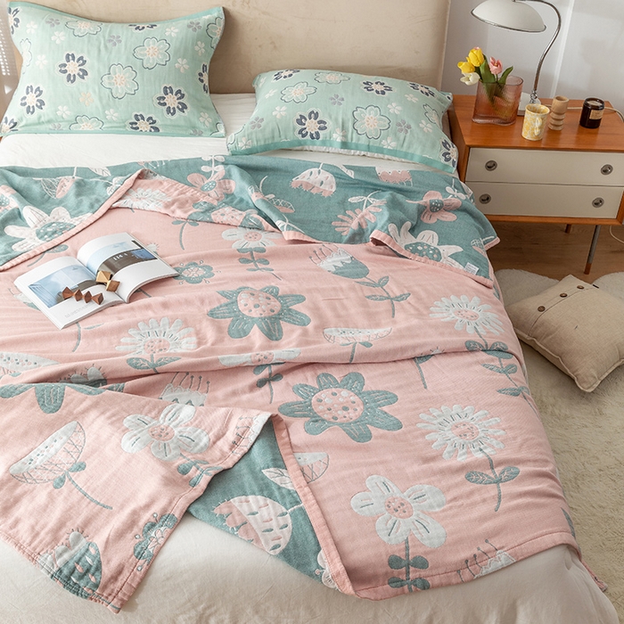 91家纺网 家纺一手货源 找家纺 朴尔家纺-毛巾被 2026春夏新款四层韩版碎花风全棉纯棉纱布毛巾被夏被夏凉被空调被-经典款常年备货 清新夏日-粉