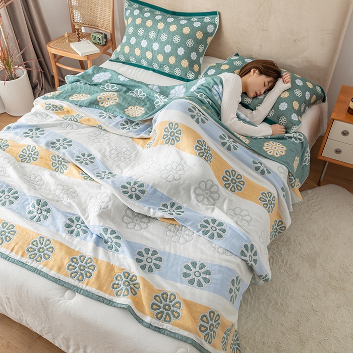 91家纺网 家纺一手货源 找家纺 朴尔家纺-毛巾被 2026春夏新款四层韩版碎花风全棉纯棉纱布毛巾被夏被夏凉被空调被-经典款常年备货 曼陀罗-绿