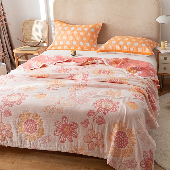 91家纺网 家纺一手货源 找家纺 朴尔家纺-毛巾被 2026春夏新款四层韩版碎花风全棉纯棉纱布毛巾被夏被夏凉被空调被-经典款常年备货 向日花开-米白