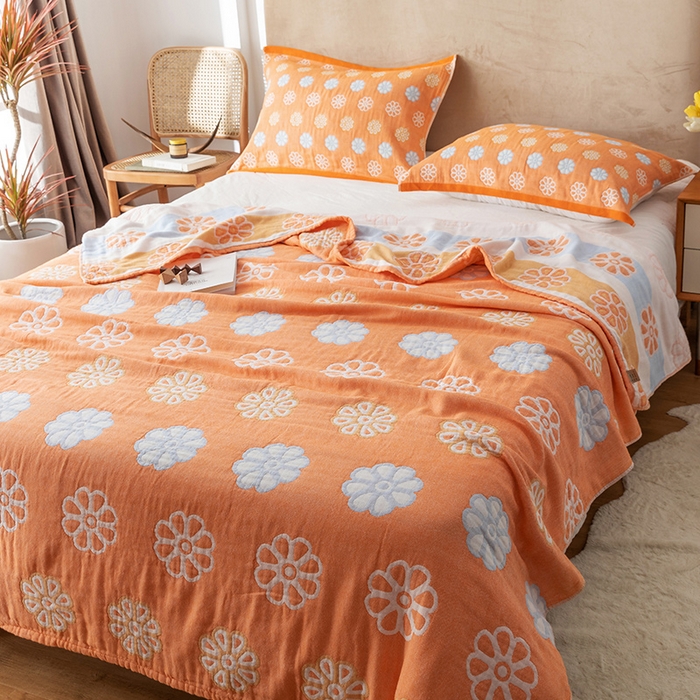 91家纺网 家纺一手货源 找家纺 朴尔家纺-毛巾被 2026春夏新款四层韩版碎花风全棉纯棉纱布毛巾被夏被夏凉被空调被-经典款常年备货 曼陀罗-橘