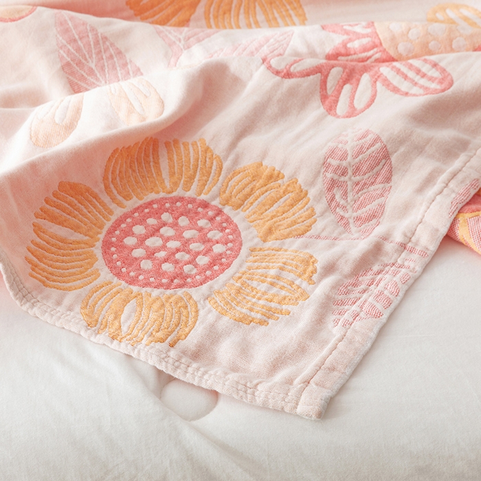 91家纺网 家纺一手货源 找家纺 朴尔家纺-毛巾被 2026春夏新款四层韩版碎花风全棉纯棉纱布毛巾被夏被夏凉被空调被-经典款常年备货 向日花开-米白