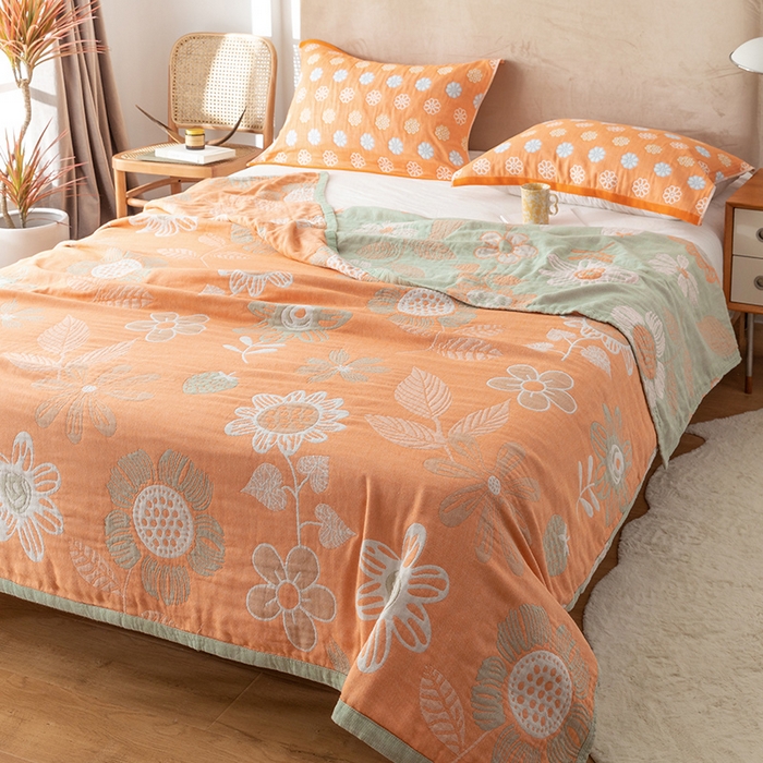 91家纺网 家纺一手货源 找家纺 朴尔家纺-毛巾被 2026春夏新款四层韩版碎花风全棉纯棉纱布毛巾被夏被夏凉被空调被-经典款常年备货 向日花开-绿