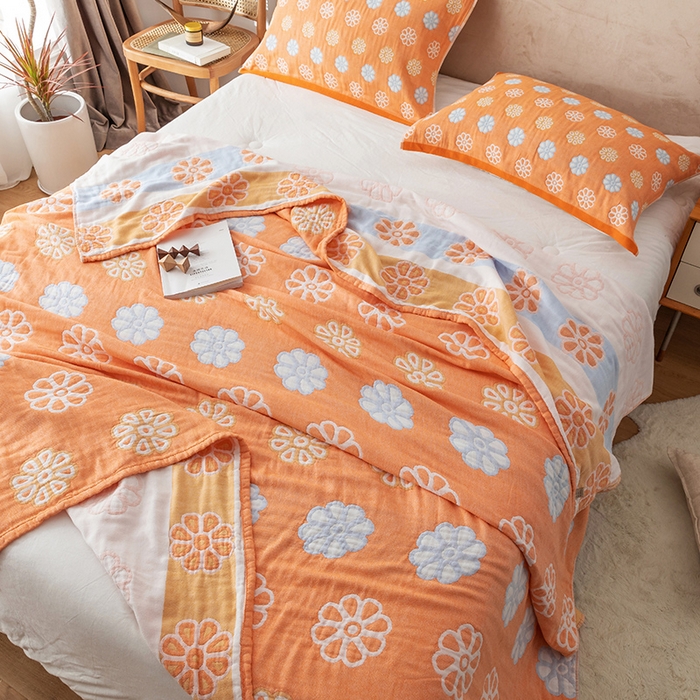 91家纺网 家纺一手货源 找家纺 朴尔家纺-毛巾被 2026春夏新款四层韩版碎花风全棉纯棉纱布毛巾被夏被夏凉被空调被-经典款常年备货 曼陀罗-橘