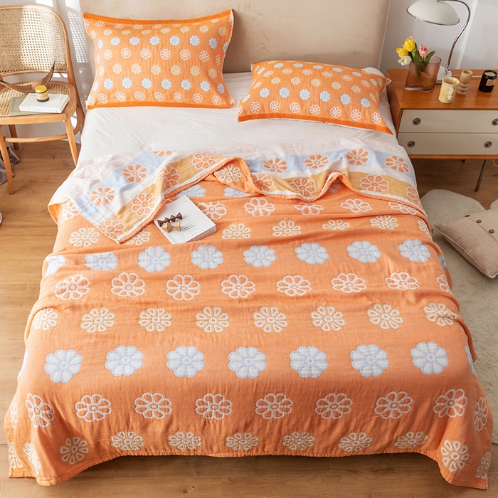 91家纺网 家纺一手货源 找家纺 朴尔家纺-毛巾被 2026春夏新款四层韩版碎花风全棉纯棉纱布毛巾被夏被夏凉被空调被-经典款常年备货 曼陀罗-橘