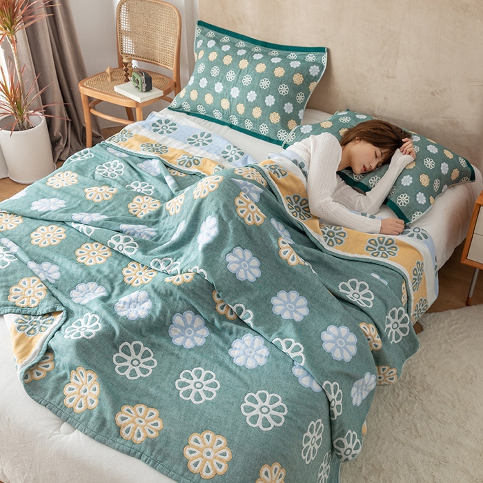 91家纺网 家纺一手货源 找家纺 朴尔家纺-毛巾被 2026春夏新款四层韩版碎花风全棉纯棉纱布毛巾被夏被夏凉被空调被-经典款常年备货 曼陀罗-绿