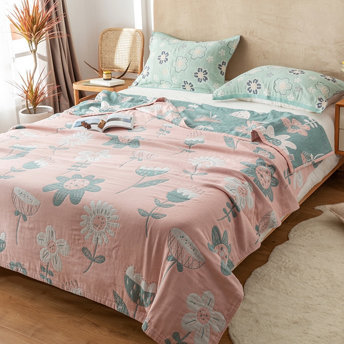 91家纺网 家纺一手货源 找家纺 朴尔家纺-毛巾被 2026春夏新款四层韩版碎花风全棉纯棉纱布毛巾被夏被夏凉被空调被-经典款常年备货 清新夏日-粉