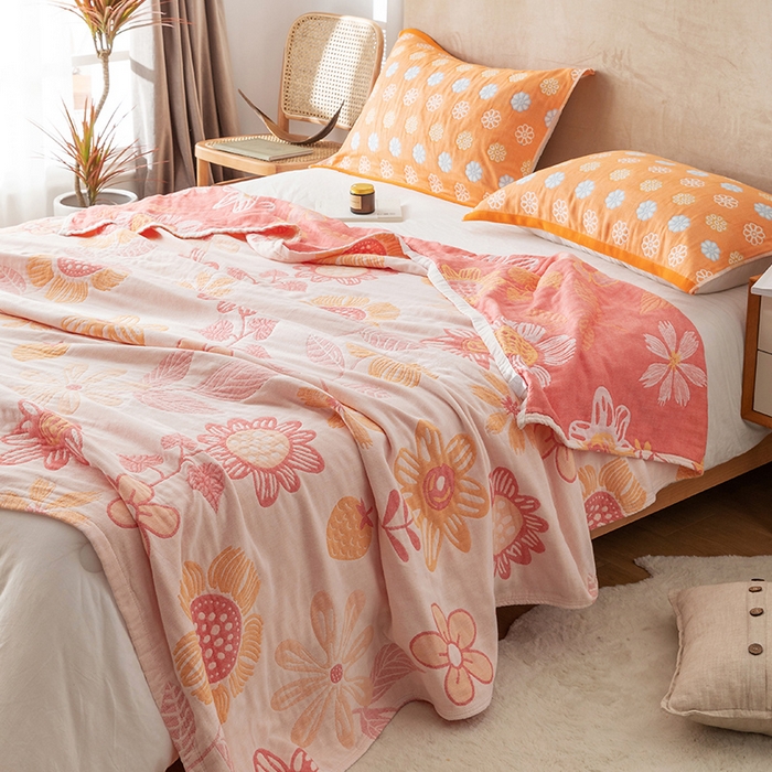 91家纺网 家纺一手货源 找家纺 朴尔家纺-毛巾被 2026春夏新款四层韩版碎花风全棉纯棉纱布毛巾被夏被夏凉被空调被-经典款常年备货 向日花开-米白