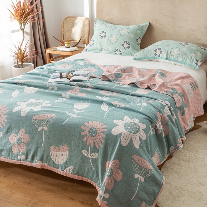 91家纺网 家纺一手货源 找家纺 朴尔家纺-毛巾被 2026春夏新款四层韩版碎花风全棉纯棉纱布毛巾被夏被夏凉被空调被-经典款常年备货 清新夏日-粉