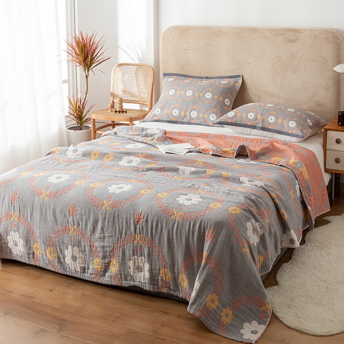 91家纺网 家纺一手货源 找家纺 朴尔家纺-毛巾被 2026春夏新款四层韩版碎花风全棉纯棉纱布毛巾被夏被夏凉被空调被-经典款常年备货 花环-灰