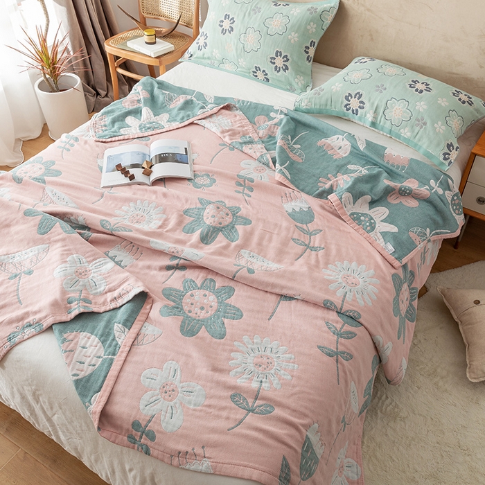 91家纺网 家纺一手货源 找家纺 朴尔家纺-毛巾被 2026春夏新款四层韩版碎花风全棉纯棉纱布毛巾被夏被夏凉被空调被-经典款常年备货 清新夏日-粉