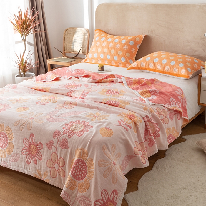 91家纺网 家纺一手货源 找家纺 朴尔家纺-毛巾被 2026春夏新款四层韩版碎花风全棉纯棉纱布毛巾被夏被夏凉被空调被-经典款常年备货 向日花开-米白