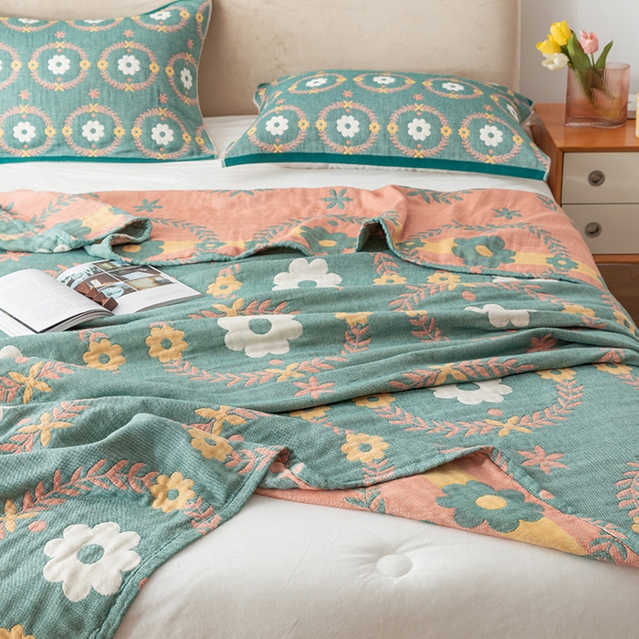 91家纺网 家纺一手货源 找家纺 朴尔家纺-毛巾被 2026春夏新款四层韩版碎花风全棉纯棉纱布毛巾被夏被夏凉被空调被-经典款常年备货 花环-绿