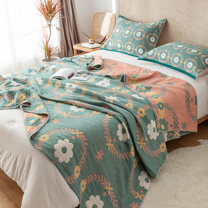 91家纺网 家纺一手货源 找家纺 朴尔家纺-毛巾被 2026春夏新款四层韩版碎花风全棉纯棉纱布毛巾被夏被夏凉被空调被-经典款常年备货 花环-绿