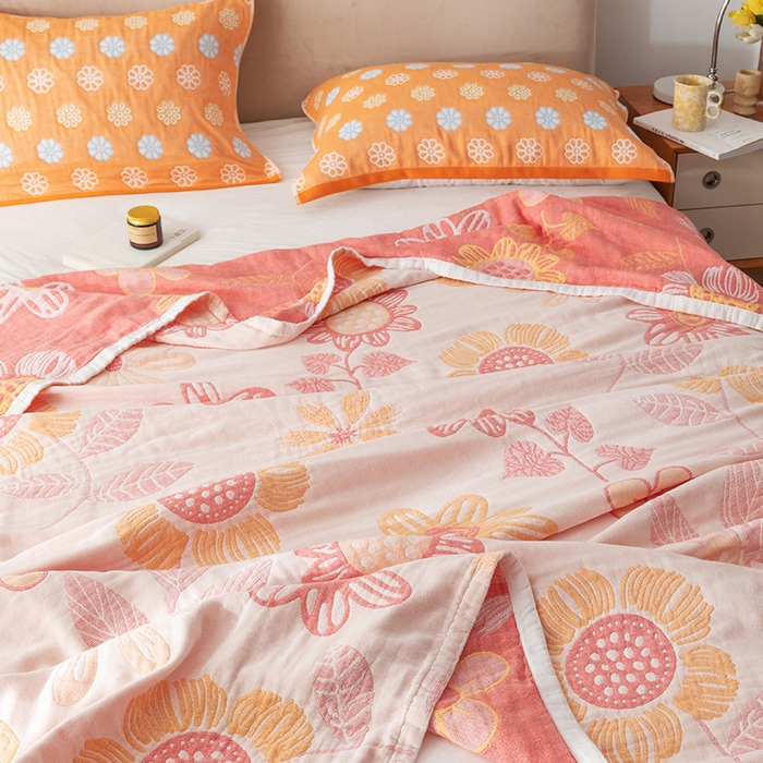 91家纺网 家纺一手货源 找家纺 朴尔家纺-毛巾被 2026春夏新款四层韩版碎花风全棉纯棉纱布毛巾被夏被夏凉被空调被-经典款常年备货 向日花开-米白