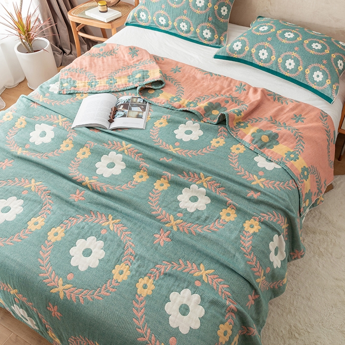 91家纺网 家纺一手货源 找家纺 朴尔家纺-毛巾被 2026春夏新款四层韩版碎花风全棉纯棉纱布毛巾被夏被夏凉被空调被-经典款常年备货 花环-绿