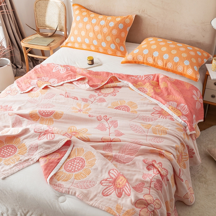 91家纺网 家纺一手货源 找家纺 朴尔家纺-毛巾被 2026春夏新款四层韩版碎花风全棉纯棉纱布毛巾被夏被夏凉被空调被-经典款常年备货 向日花开-米白