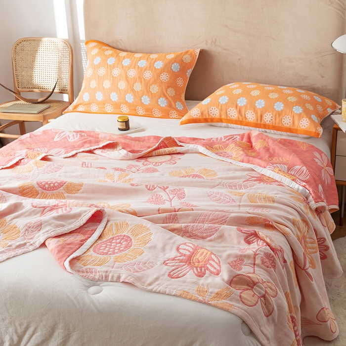 91家纺网 家纺一手货源 找家纺 朴尔家纺-毛巾被 2026春夏新款四层韩版碎花风全棉纯棉纱布毛巾被夏被夏凉被空调被-经典款常年备货 向日花开-米白