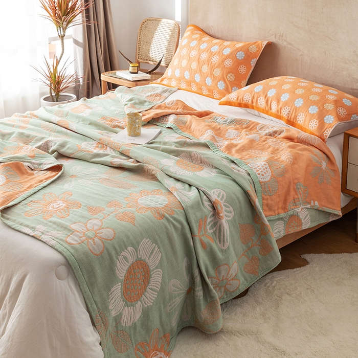 91家纺网 家纺一手货源 找家纺 朴尔家纺-毛巾被 2026春夏新款四层韩版碎花风全棉纯棉纱布毛巾被夏被夏凉被空调被-经典款常年备货 向日花开-绿